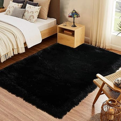 5x8 Area Rug Black Rug Fluffy Shag Rug Washable Faux Sheepskin Fur Rug Throw Rugs for Living Room Dorm Bedside Rug Fuzzy Rug Home Decor Rectangle