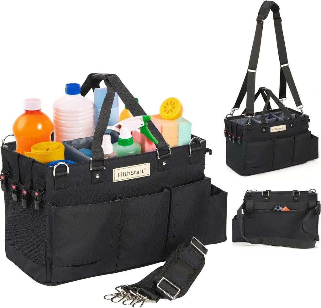 Multiuse Cleaning Caddy w/Waist & Shoulder Strap - 9 Pockets Tote Bag for Housekeeping Gardening Fishing Bathroom Organizer Adjustable Compartments, Black Large Caddy Organizer with Handle