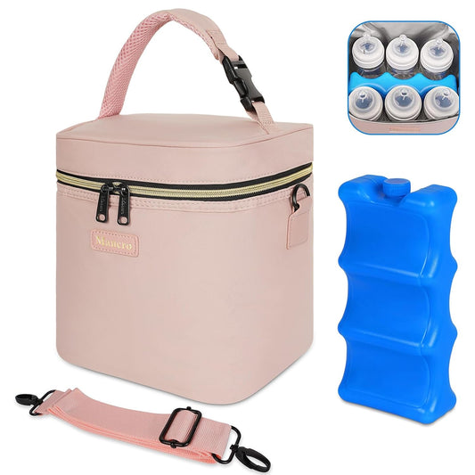 Mancro Breastmilk Cooler Bag Fits 6 Baby Bottles Up to 9 Ounce, Insulated Baby Bottle Bag Comes with ice Pack and Shoulder Strap, Baby Bottle Cooler Bag for Daycare Nursing, Pink