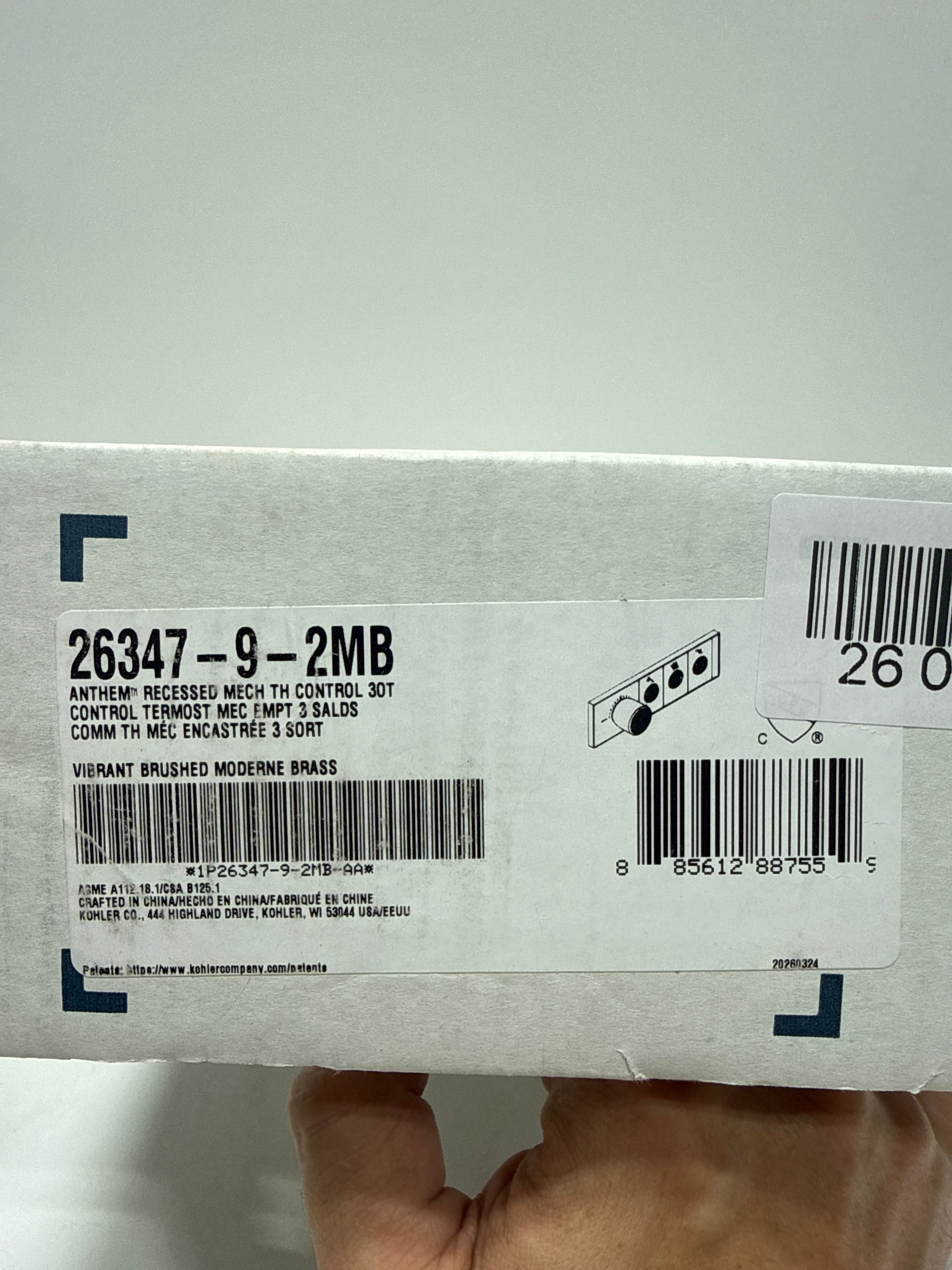 KOHLER Anthem Three-outlet Recessed Mechanical Thermostatic Valve Control 26347-9-2MB