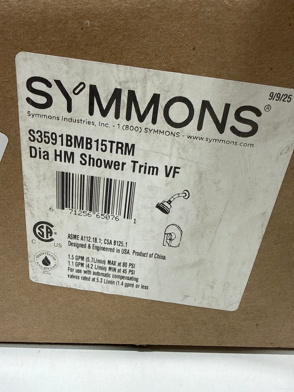 Symmons S3591B15TRM Dia HydroMersion Shower Only Trim Package with 1.5 GPM Multi Function Shower Head
