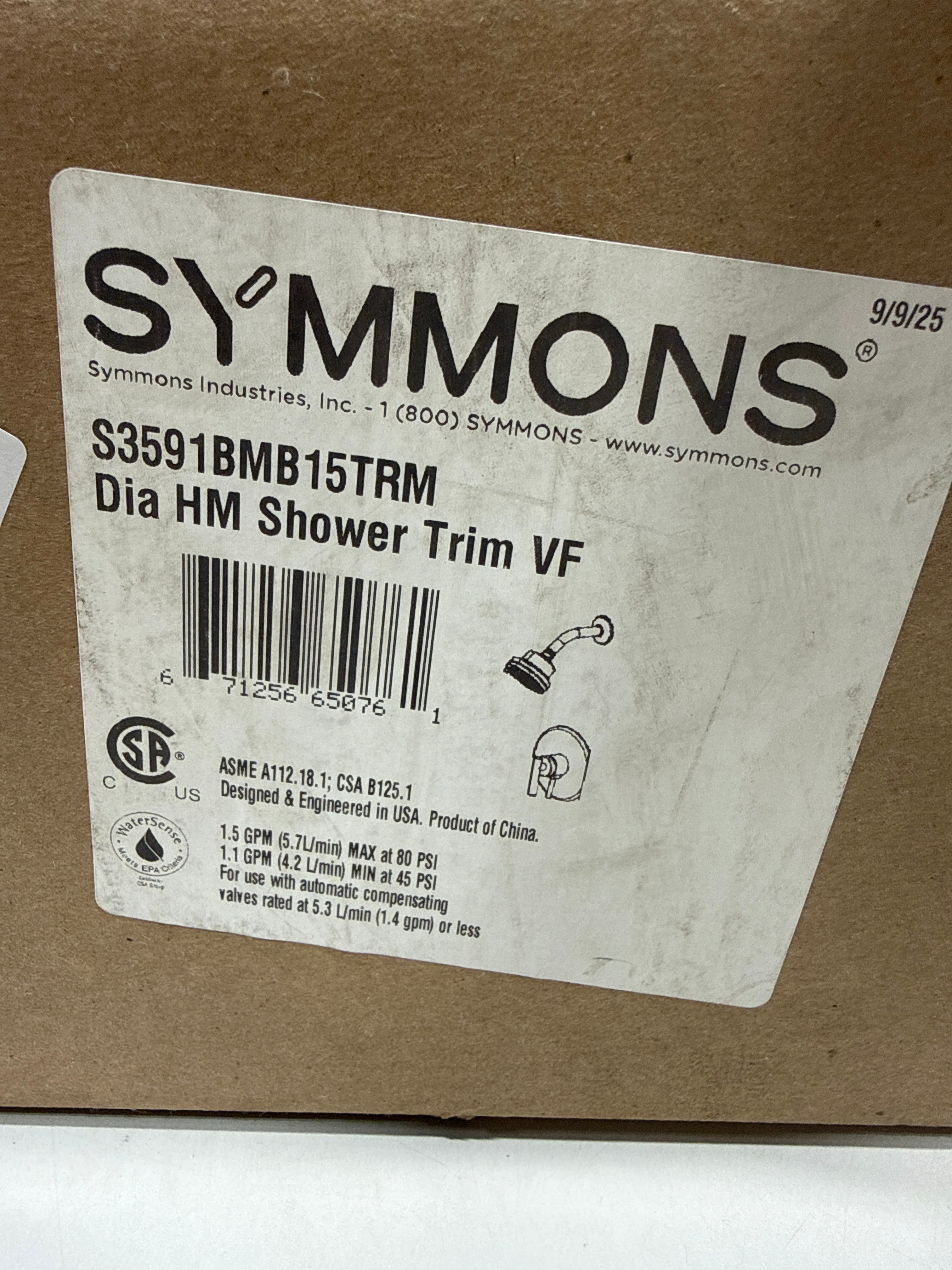 Symmons S3591B15TRM Dia HydroMersion Shower Only Trim Package with 1.5 GPM Multi Function Shower Head