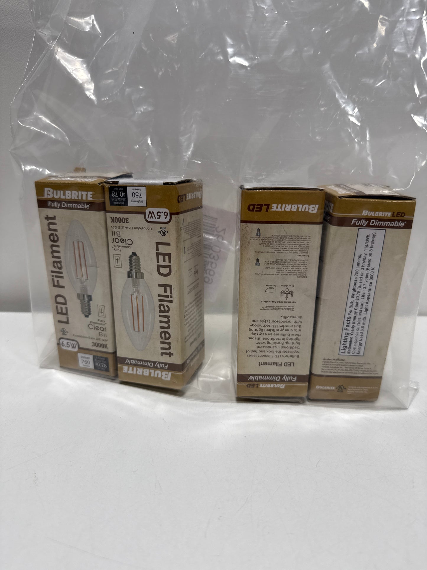 4 x Bulbrite 776626 5 Watt B11 LED Filament Light Bulb, E12 Candelabra Base, 2700K 500 Lumens, 60W Equivalent