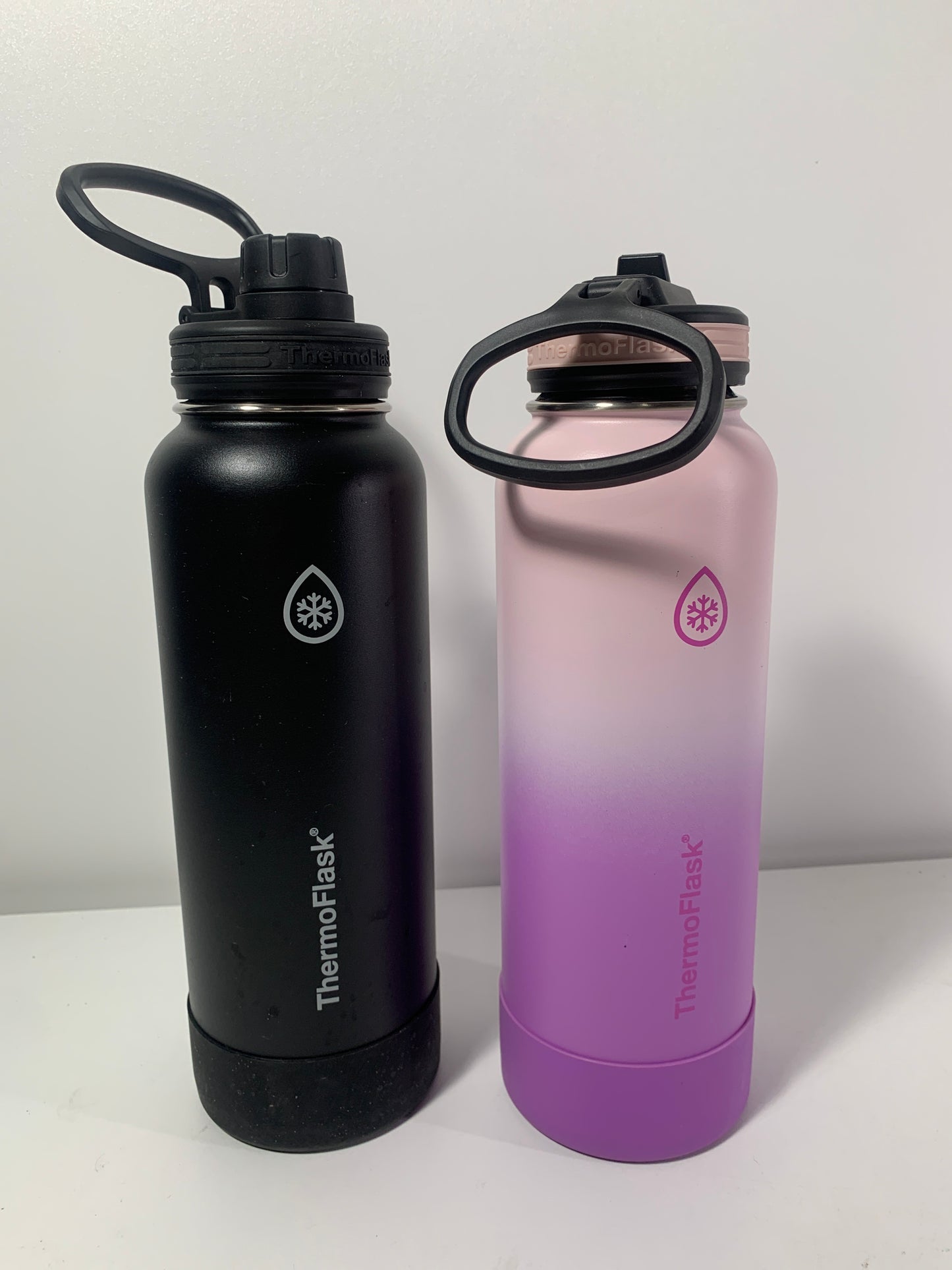 Thermoflask 40oz Stainless Steel Insulated Water Bottles with Straw and Spout Lids, 2-pack, Black/Rose Purple