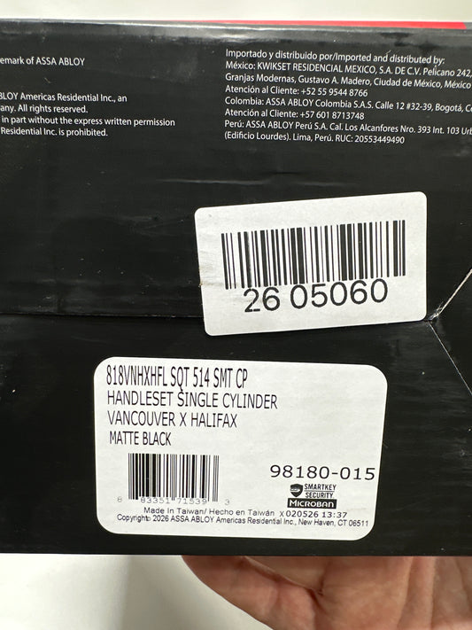 Kwikset 98180-015 818VNHxHFL SQT 514 SMT CP Vancouver Handleset with Halifax - Matte Black
