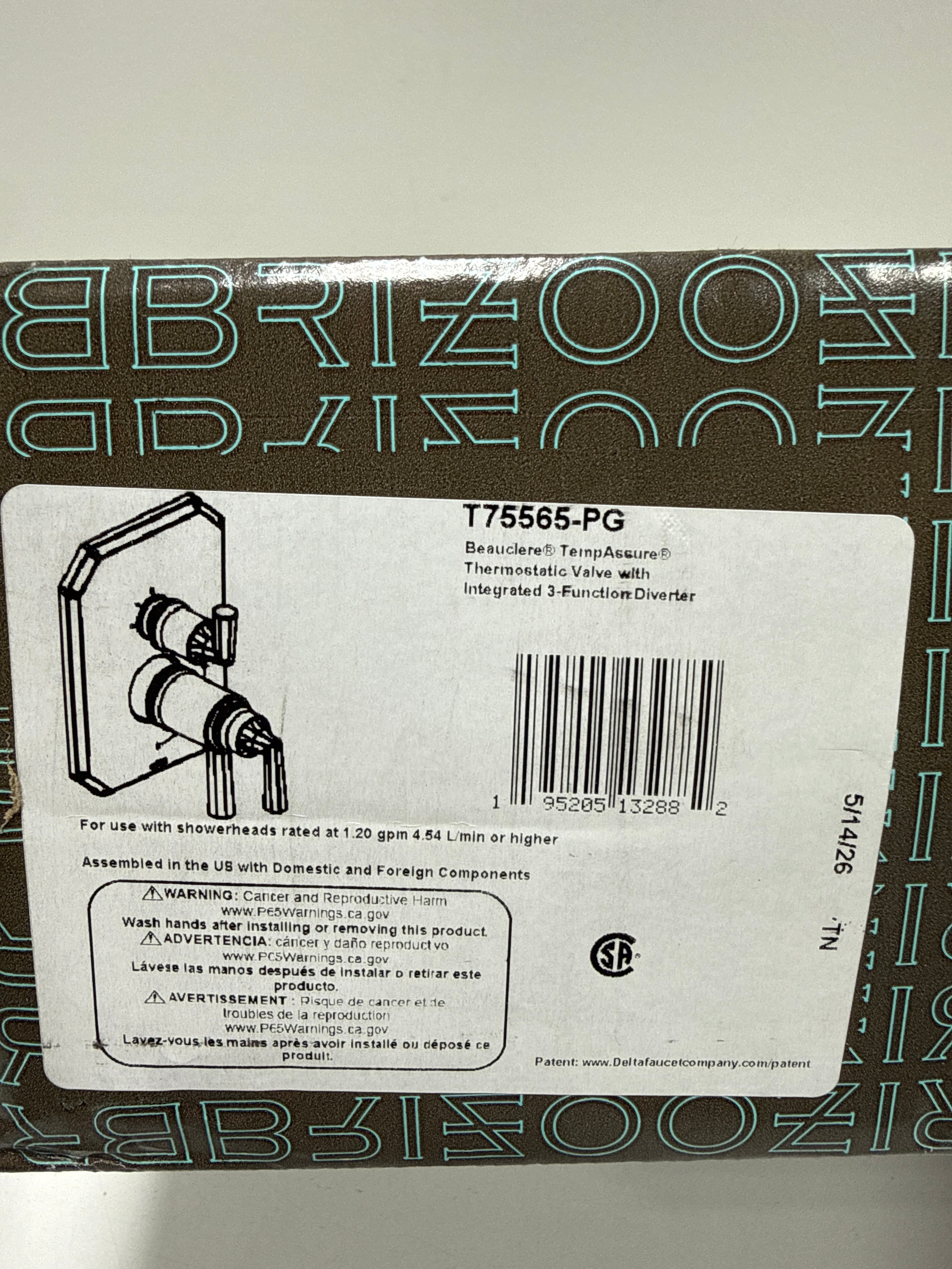 Used Brizo T75565 Beauclere Thermostatic Valve Trim with Integrated Volume Control and 3 Function Diverter for Two Shower Applications - Less Rough-in