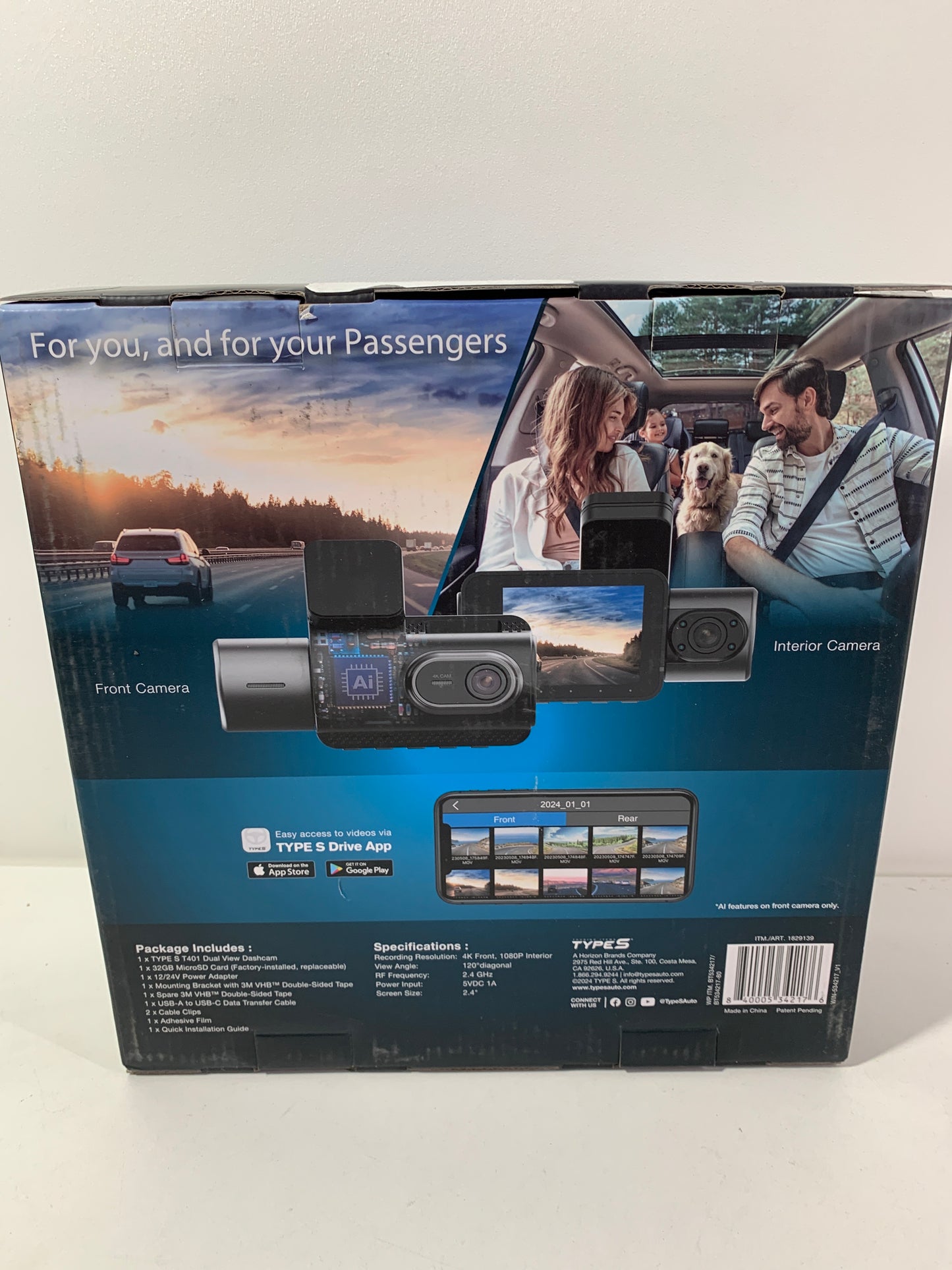 Type S T401 4K Dual View Dash Cam with AI Driver Assistance and in-Car Surveillance Camera, AI-Powered Lane, Ca