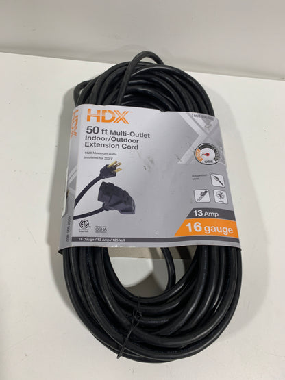 HDX 50 ft. 16/3 Light Duty Indoor/Outdoor Extension Cord with Multiple Outlet Triple Tap End, Black
