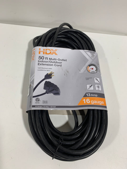 HDX 50 ft. 16/3 Light Duty Indoor/Outdoor Extension Cord with Multiple Outlet Triple Tap End, Black