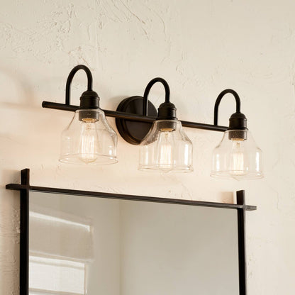 Kichler Avery 24" 3-Light Bathroom Vanity Light in Black with Clear Seeded Glass for Bathroom and Powder Room Vanity, Industrial Styling, (24" W x 9.5" H x 8.25" Ext.), 45973BK