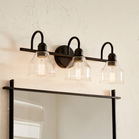 Kichler Avery 24" 3-Light Bathroom Vanity Light in Black with Clear Seeded Glass for Bathroom and Powder Room Vanity, Industrial Styling, (24" W x 9.5" H x 8.25" Ext.), 45973BK