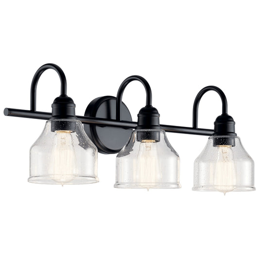 Kichler Avery 24" 3-Light Bathroom Vanity Light in Black with Clear Seeded Glass for Bathroom and Powder Room Vanity, Industrial Styling, (24" W x 9.5" H x 8.25" Ext.), 45973BK