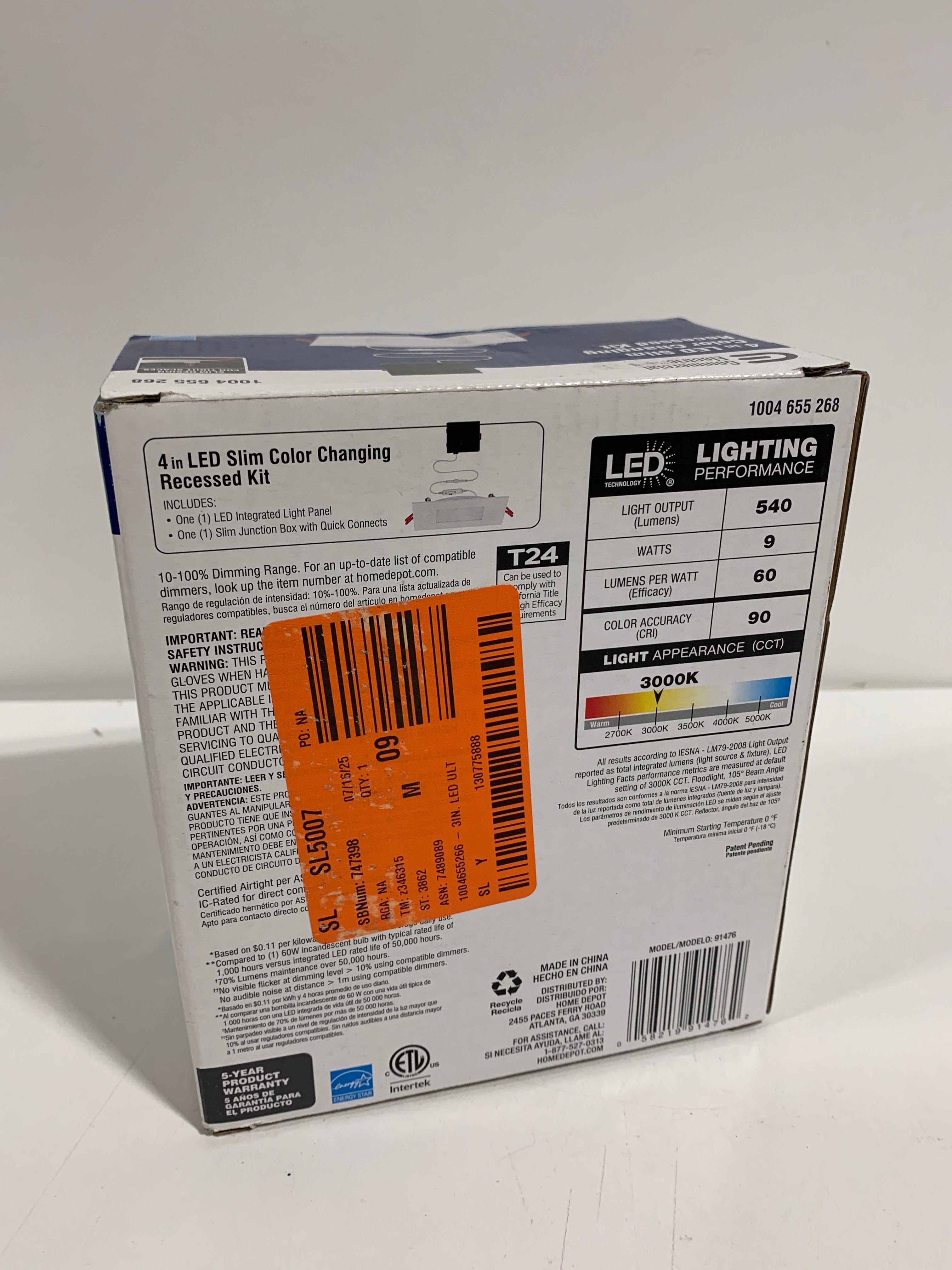 Ultra Slim Integrated LED 4 in Square Adj Color Temp Canless Recessed Light for Kitchen Bath Living rooms White