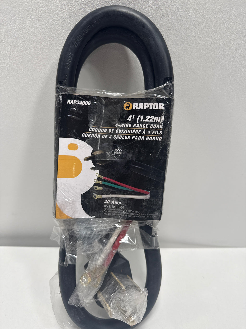 Raptor Tools RAP34006 40 Amp 4 Ft. 8/2 and 10/2 SRDT 125V Range Cord Black