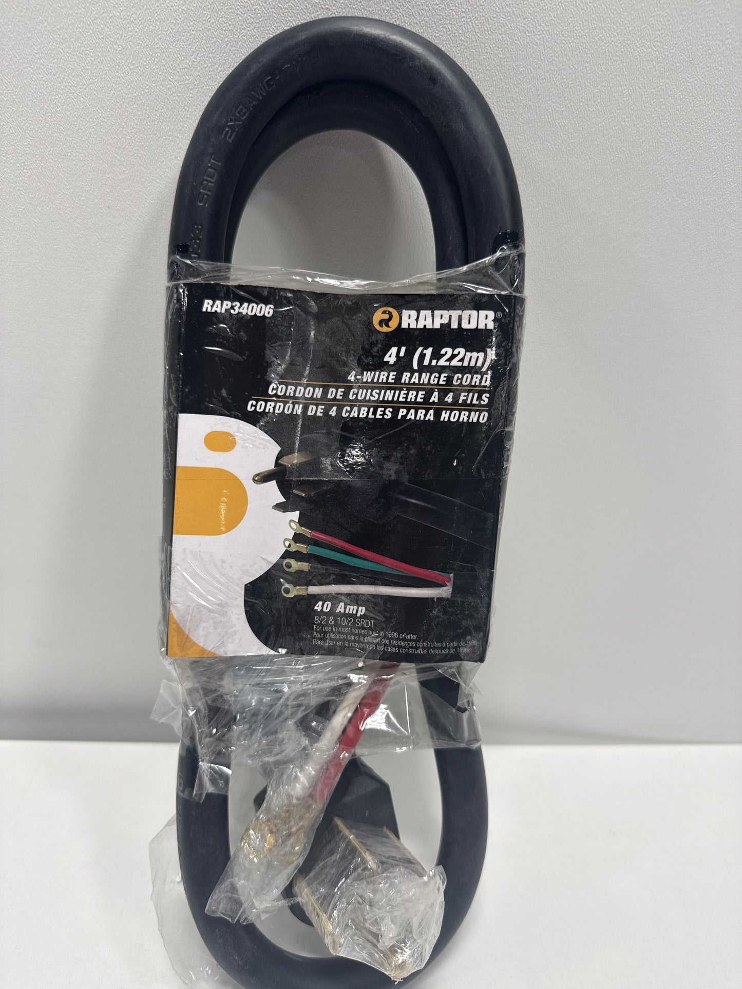 Raptor Tools RAP34006 40 Amp 4 Ft. 8/2 and 10/2 SRDT 125V Range Cord Black