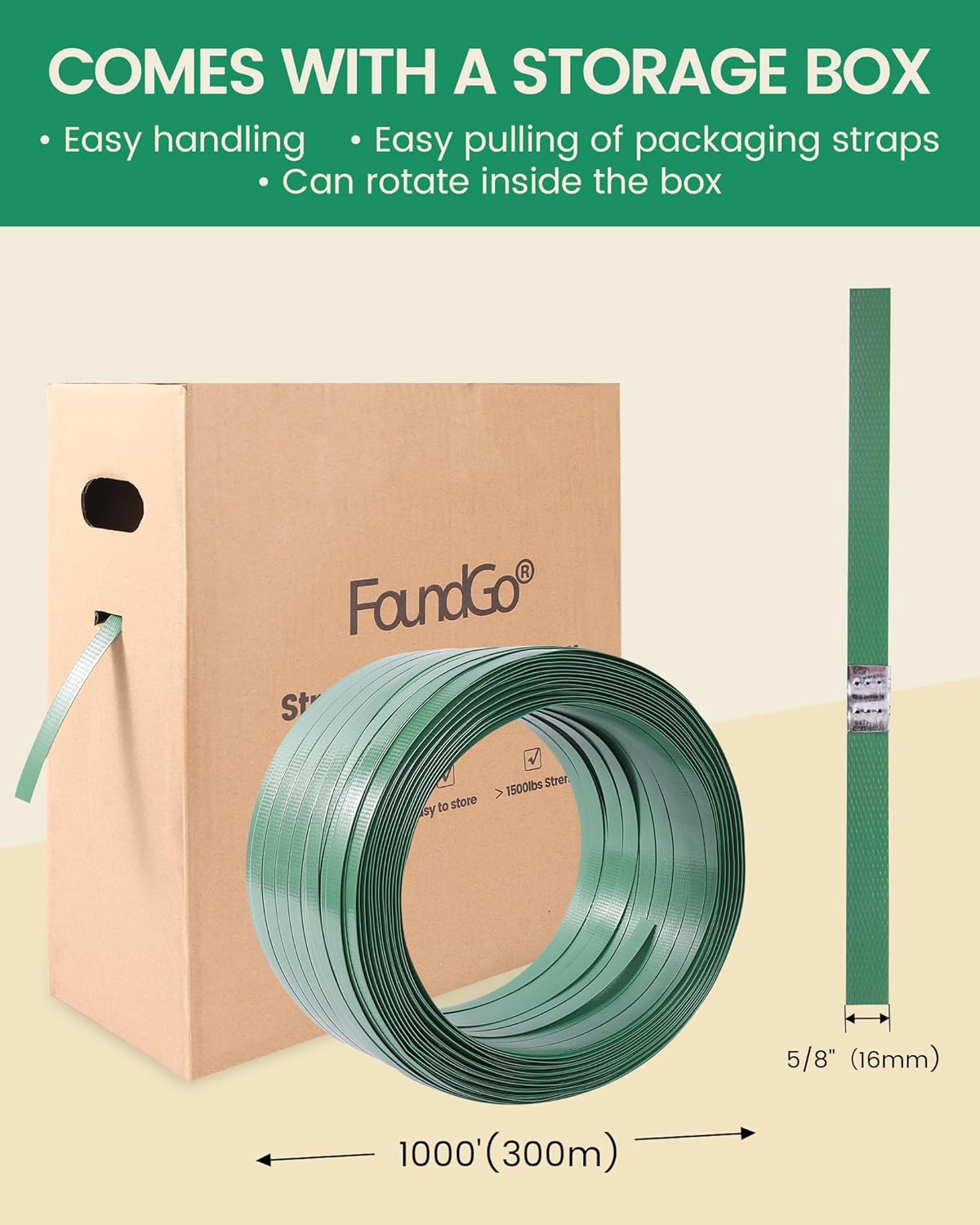 Play Video FoundGo PET Banding Strapping Kit for Heavy Duty Tough Pallet Packaging Strapping Tool with >1500lbs 5/8" x 1000' PET Strapping Roll & its own Pull-Out Box 100 Corner Protectors 300 Seals