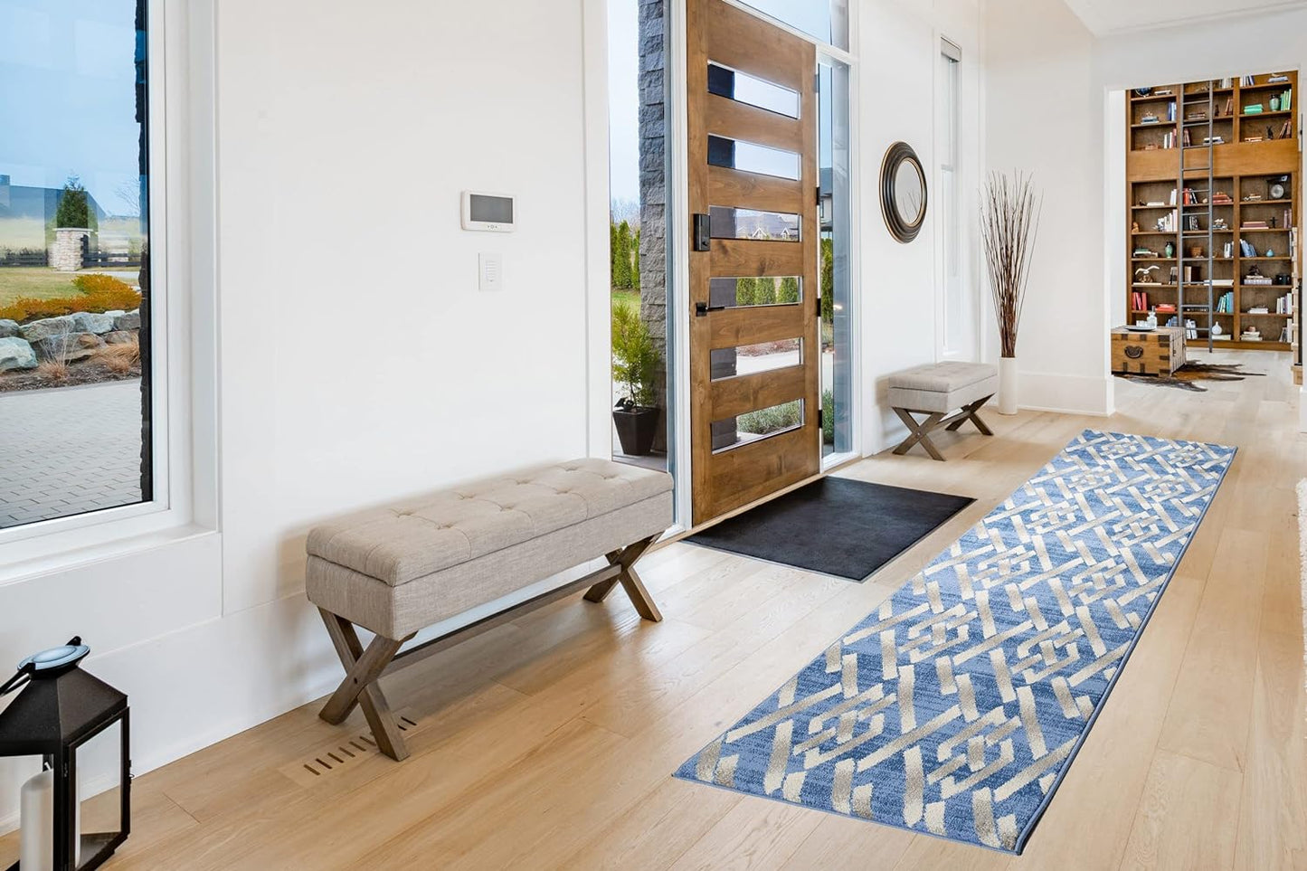 ShadesU Smart Custom Size Modern Geometric Design Non-Slip Hallway Runner Rug Carpet Low-Pile 0,3" Non Slip Backed (Blue Color, 31inch Wide x 2ft Length)