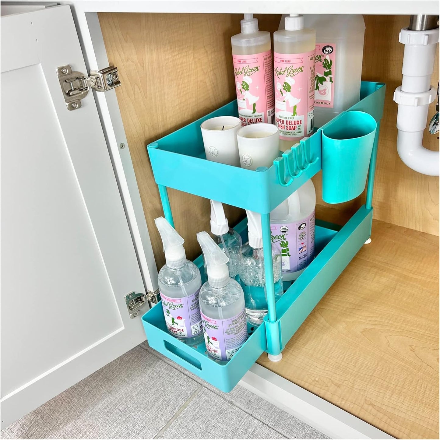 Under Sink Organizers and Storage, 2 Tier Cabinet Organizer with Sliding Pull Out Drawer, Multi-purpose Under Sink Organizer Shelf With Hooks for Bathroom Kitchen