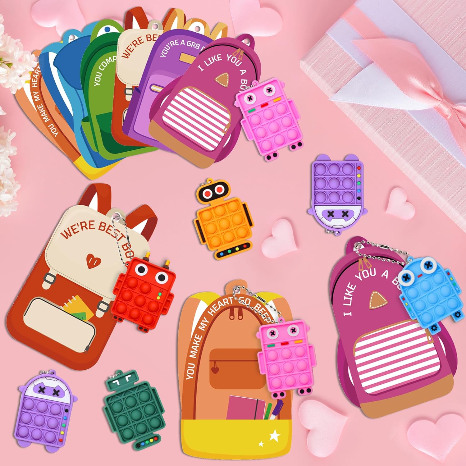 48 Pack Valentines Day Cards Gifts for Kids School Classroom Pop Fidget Keychains Valentines for Kids Class Prizes