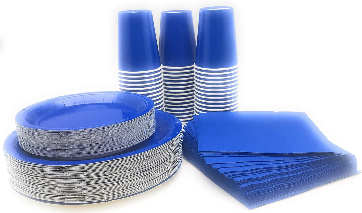 Oojami Serves 50 Complete Party Pack Disposable 9" Dinner Paper Plates 7" Dessert Paper Plates 9 oz Cups 3 Ply Napkins office parties, Birthday parties, festivals and much more (Blue)