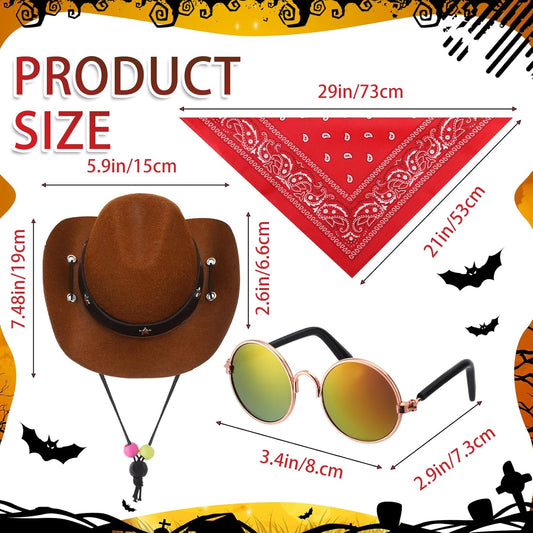 4 Pcs Dog Cowboy Costume Set Includes Pet Cowboy Hat, Triangle Bandana, Puppy Cape and Hiphop Glasses for Halloween Dog Cat Puppy Kitten Costume Accessories(Brown+ Red,Medium)