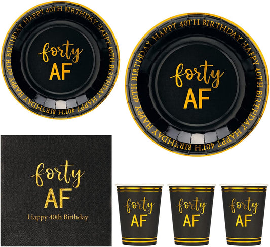 Set of 3 Crisky Black/Gold 24-Piece Disposable Tableware Set for 40th Birthday Party Decorations, Including 9'' Plates, 7'' Plates, Luncheon Napkins, 9oz Cups