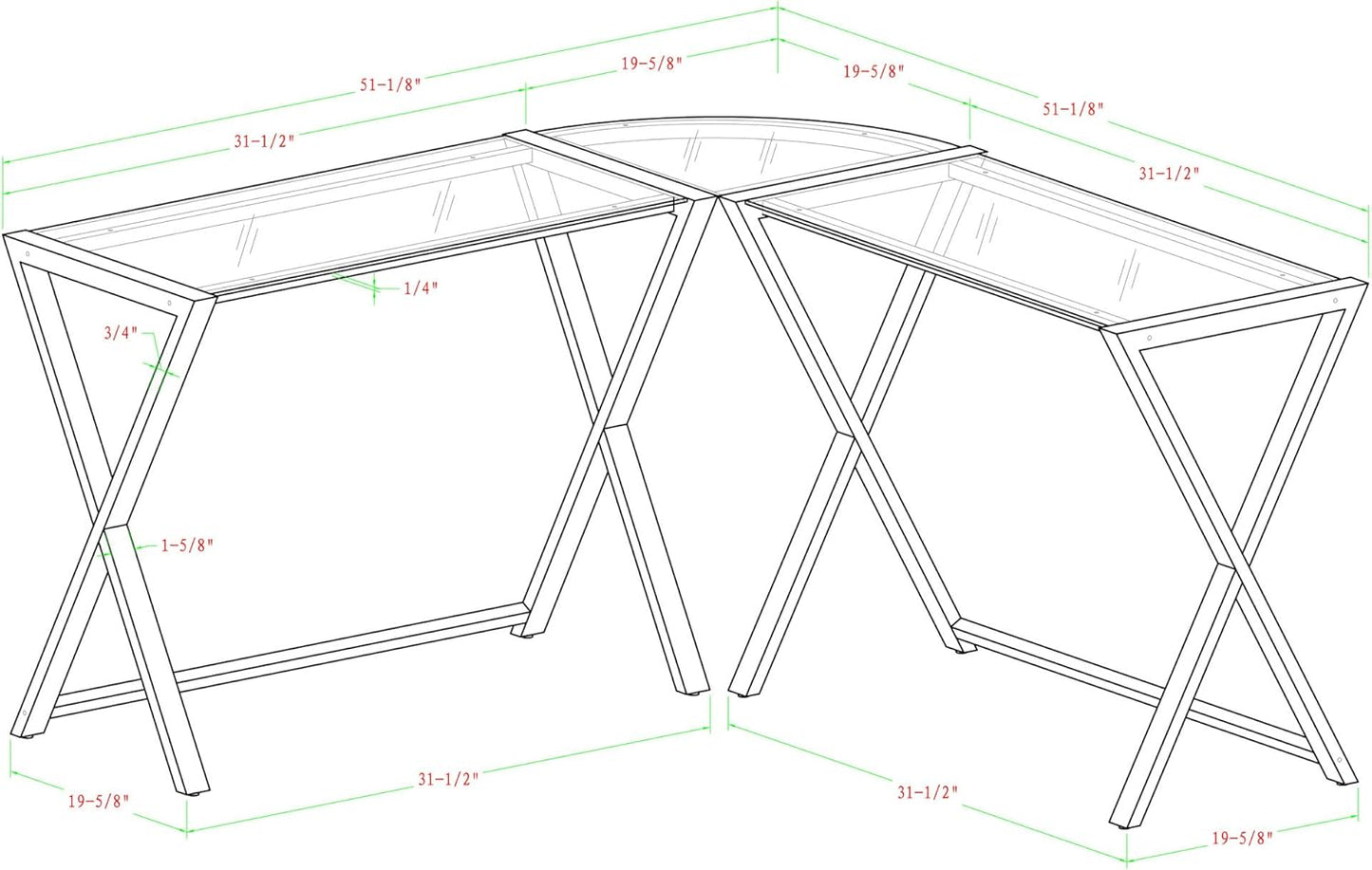 Walker Edison Wright Modern X Leg Glass Top Corner Gaming Desk, 51 Inch, Black