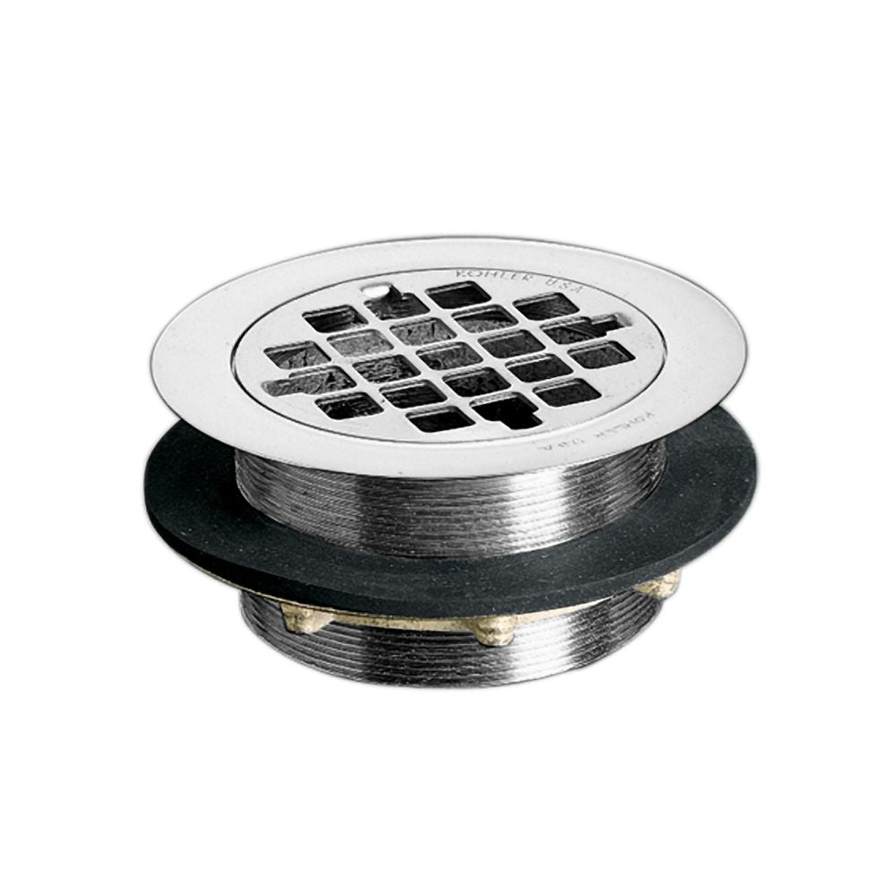 Round Brass Shower Drain for Use with Plastic Pipe, Gasket Included in Polished Chrome