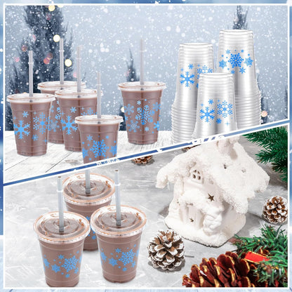 150 Sets Snowflake Plastic Cups with Lids Disposable Christmas Holiday Cup Clear Coffee Cocktail Drinking Cup for Winter Christmas Party Supplies