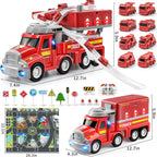 TEMI Fire Truck Kids Toys for 3-8 Year Old Boys Car Carrier with 8 Vehicles Movable Trucks Station Race Tracks Birthday