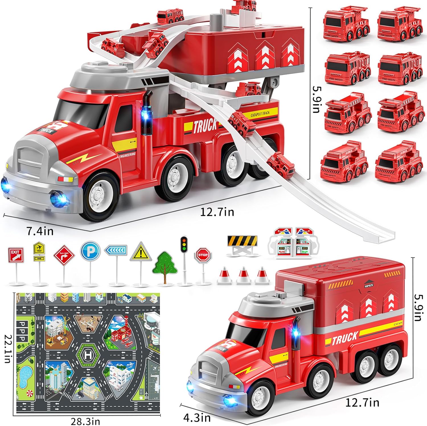 TEMI Fire Truck Kids Toys for 3-8 Year Old Boys Car Carrier with 8 Vehicles Movable Trucks Station Race Tracks Birthday