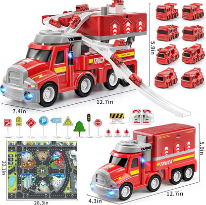 TEMI Fire Truck Kids Toys for 3-8 Year Old Boys, Car Carrier with 8 Vehicles, Movable Trucks Station Race Tracks, Birthday Gifts