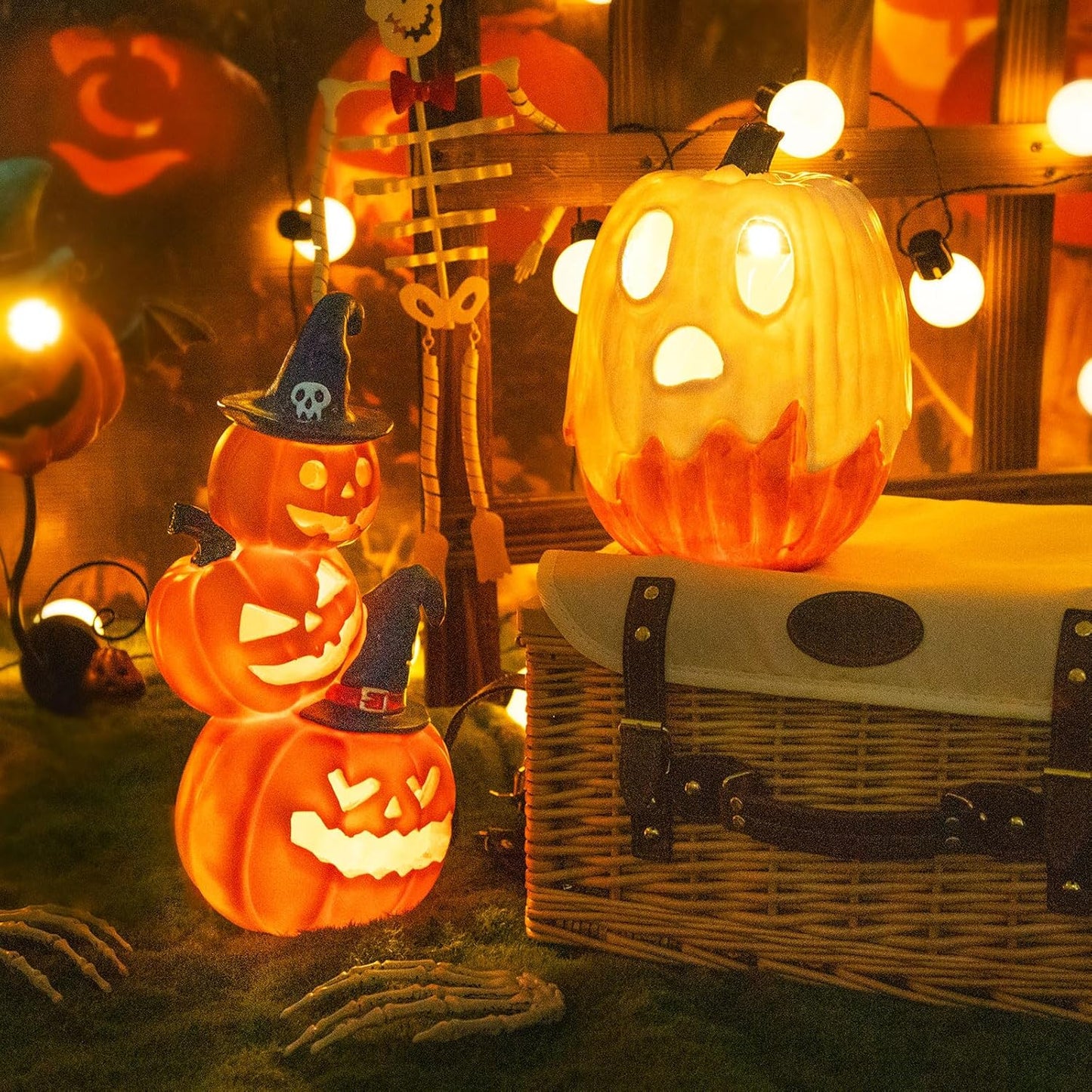 Halloween Decorations - Unique 3 Tiers Stacked Resin Jack-O-Lantern Pumpkin Pathway Solar Lights for Outdoor Garden Yard Porch Front Door (Ghost Pumpkin)