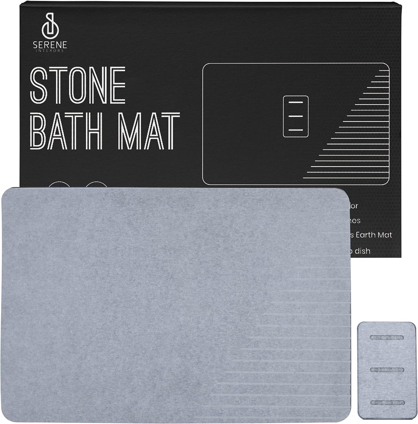 Diatomite Stone Bath Mat by Serene Interiors, Stone Dish Drying Mat, Premium Stone Shower Mat, Stone Bath Mat Large 23.5”x15.5”, Absorbent Stone Bathroom Mat with Soap Dish and Nonslip Pad, Light Grey