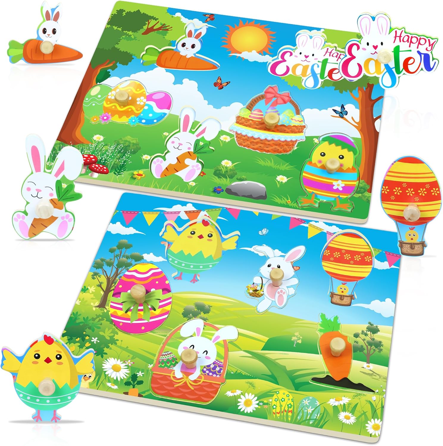 2Pack Easter Wooden Peg Puzzles Educational Learning Puzzles Easter Toys Gifts Party Favors - *Kids