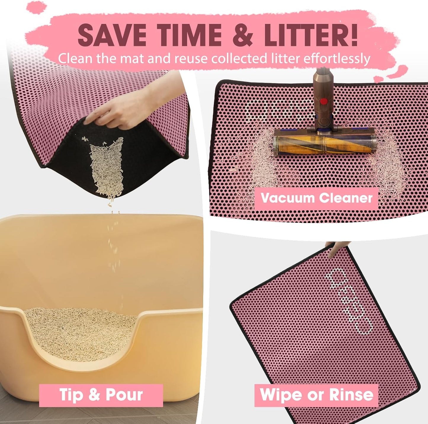 CGBD Cat Litter Mat - Double Layer Honeycomb Design Litter Trapping Mat, Urine-Proof & Non-Slip, Easy Clean Waterproof Litter Box Mat, 24x18 inch Small Size for Kitty, Pink