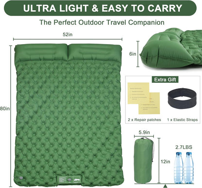 Deluxe 2-Person Sleeping Pad for Camping, Double Ultra-Light Inflatable Camping Mattress with Pillow, Built-in Foot Pump for Backpacking, Hiking & Travel - Includes Carry Bag & Repair Kit