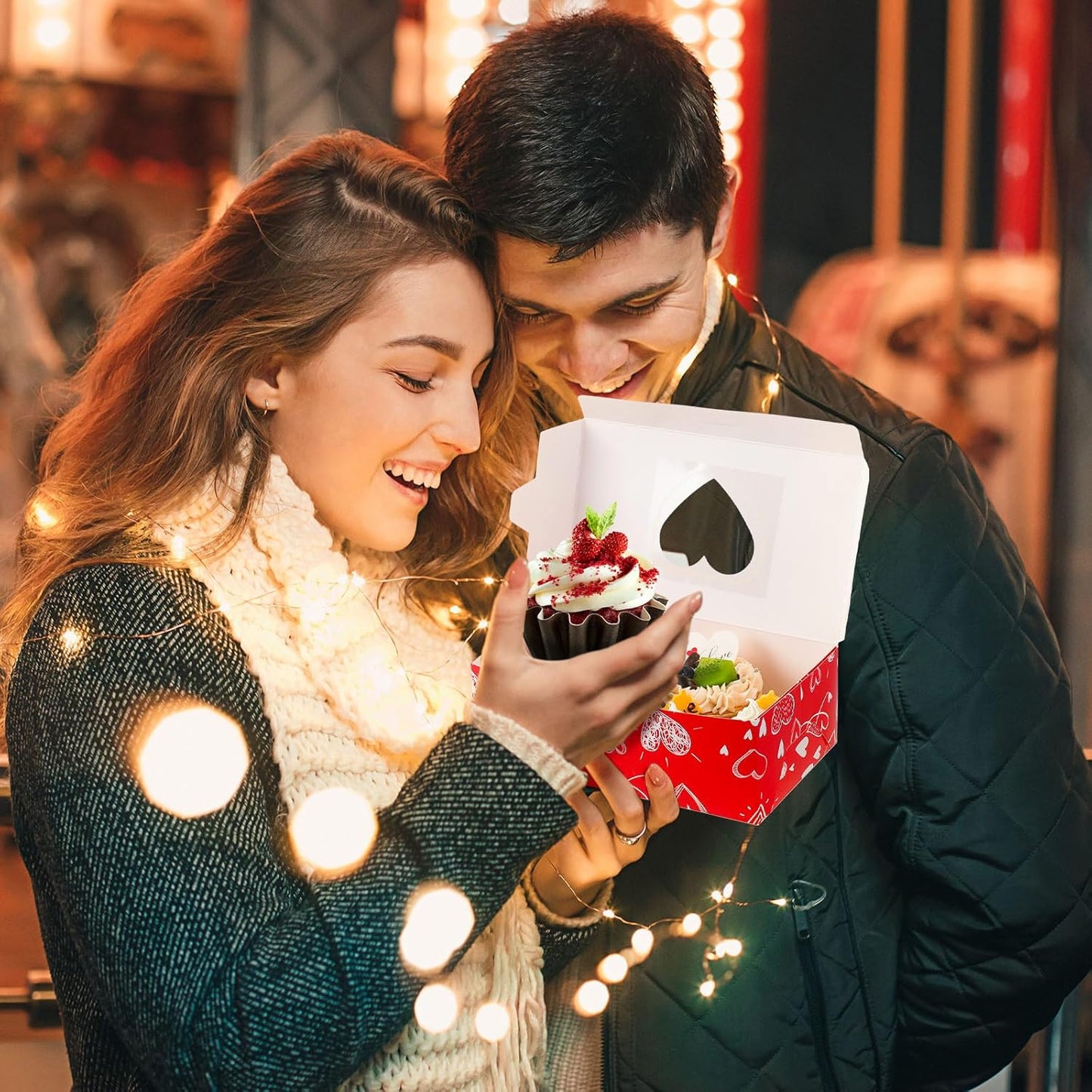 Glenmal 100 Pcs Mother's Day Bakery Treat Boxes Heart Cookie Boxes with Gift Cards and Rope 7.8x4.7x2.75'' Cupcake Containers with Window Dessert Gift Containers for Wedding Birthday Party