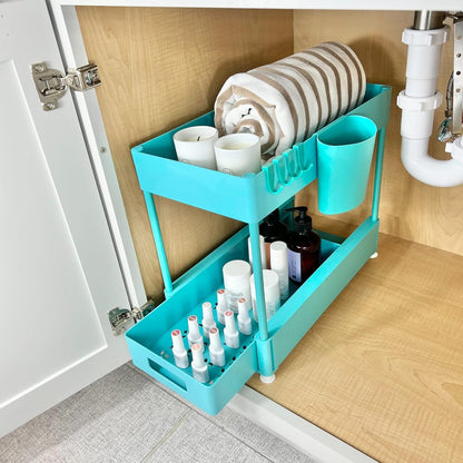 Under Sink Organizers and Storage, 2 Tier Cabinet Organizer with Sliding Pull Out Drawer, Multi-purpose Under Sink Organizer Shelf With Hooks for Bathroom Kitchen