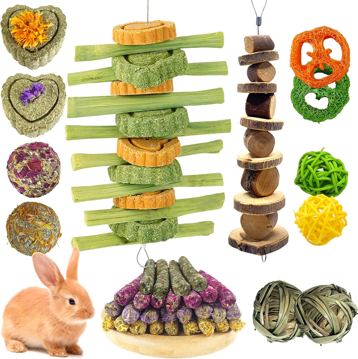 Tyotrbs 22Pcs Bunny Chew Toys for Rabbits Teeth Natural Rabbit Toys Apple Wood Sticks Carrot Timothy Grass Treats