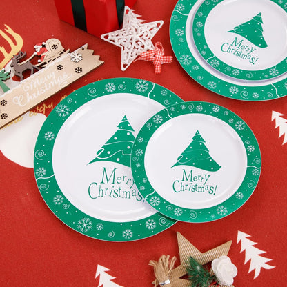 WELLIFE 60pcs Green Christmas Plates, Christmas Plastic Plates for Xmas, Christmas Party Plates with Christmas Tree Design, 30pcs Dinner Plates and 30pcs Dessert Plates for Xmas Party