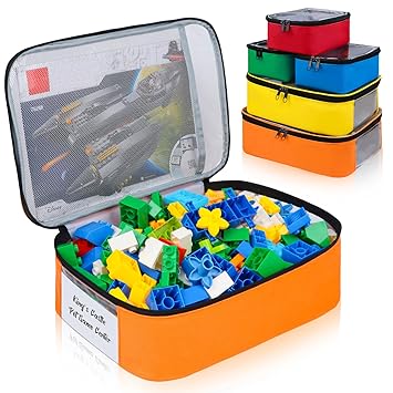 5 Pack Toy Storage Bags Compatible with LEGO Bricks, Portable Carrying Case for LEGO Easy Organizer, Puzzles Blocks Containers& Board Game Bins with Name Tag, Manual Pocket, Visible Top& Handle