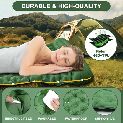 Deluxe 2-Person Sleeping Pad for Camping, Double Ultra-Light Inflatable Camping Mattress with Pillow, Built-in Foot Pump for Backpacking, Hiking & Travel - Includes Carry Bag & Repair Kit