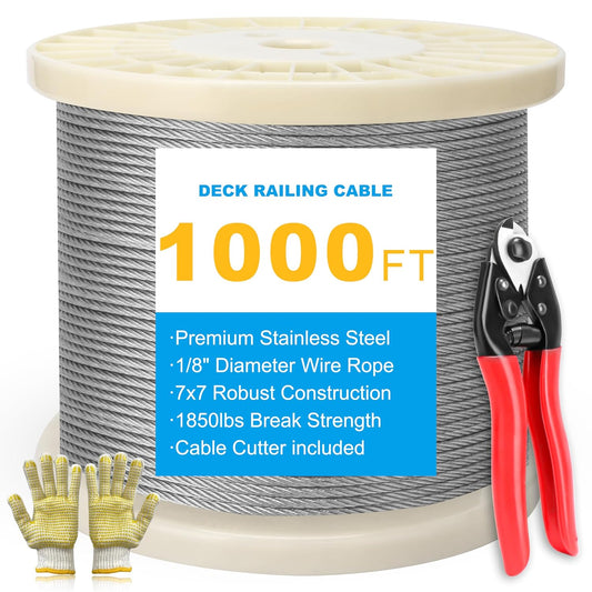 1000FT 1/8" Stainless Steel Cable, T316 7 x 7 Strands Braided Stainless Wire, Cable for Railing, Decking and Outdoor Projects, Aircraft Cable 1850lbs Breaking Strength, Wire Rope with Cutter, Silver