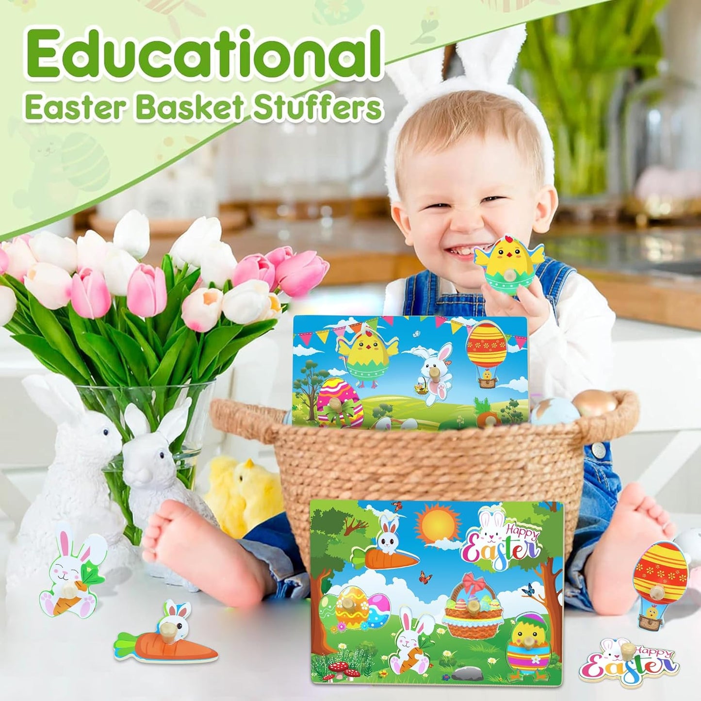 2Pack Easter Wooden Peg Puzzles, Educational Learning Puzzles Easter Toys Gifts Party Favors