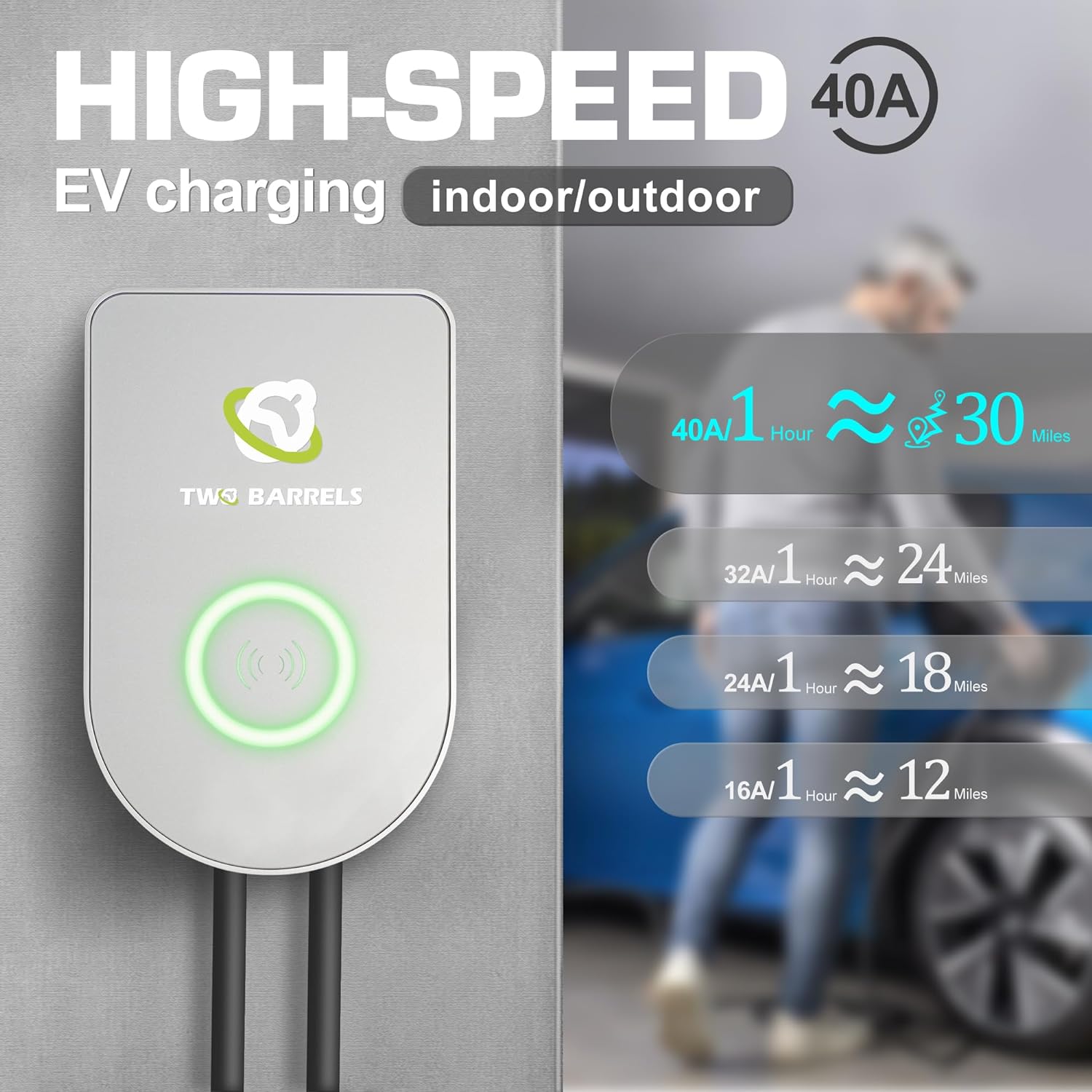 Two Barrels Home Flex Smart Electric Vehicle EV Charger Level 2 up to 40 Amp NEMA 14-50 Plug 26ft Extension Cord Cable