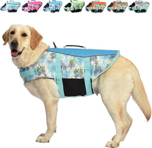 Hawaiian Sports Style Dog Life Jacket - Dog Life Vest with Rescue Handle for Swimming Boating and Adjustable Puppy Life Jacket - Ripstop Life Jackets for Small Medium Large Dogs