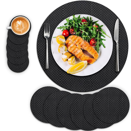 Placemats Set of 12, Placemats with Coasters Heat Resistant Scratch Resistant Non-Slip Waterproof Oil Resistant Washable - 15" Round Table Mat - for Kitchen Table（Glossy Black）