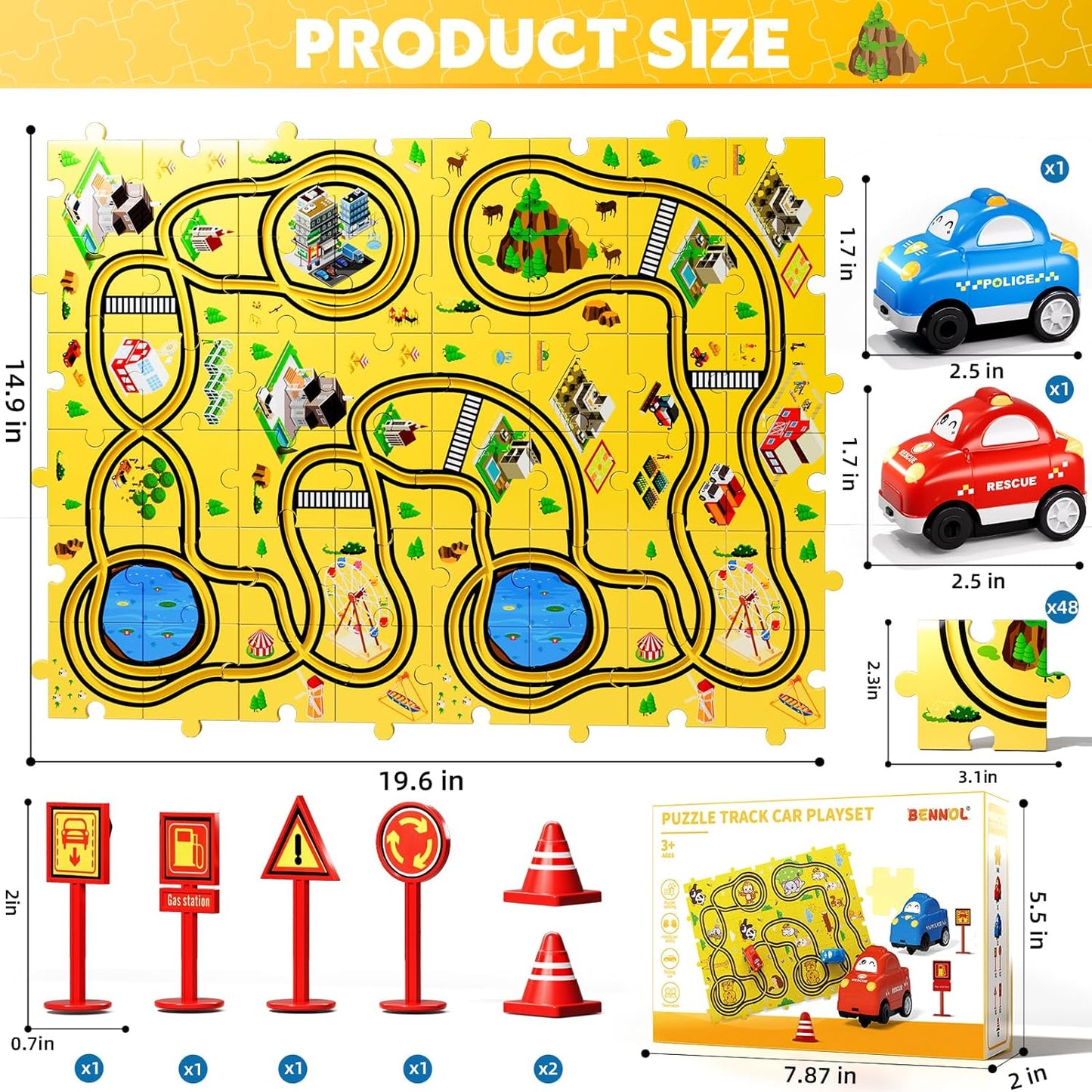 Bennol 56 PCS Puzzle Race Car Track Set Toys for Kids, Floor Puzzle Tracks Car