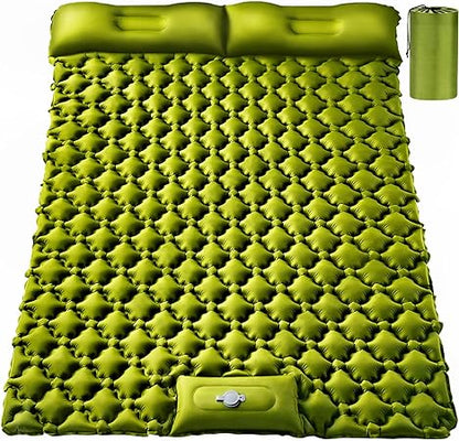 Double Sleeping Pad, Ultralight 4" Extra-Thick Self Inflating Sleeping Mat for 2 Person with Pillow Built-in Foot Pump Portable Camping Mat for Backpacking, Hiking (Army Yellow)